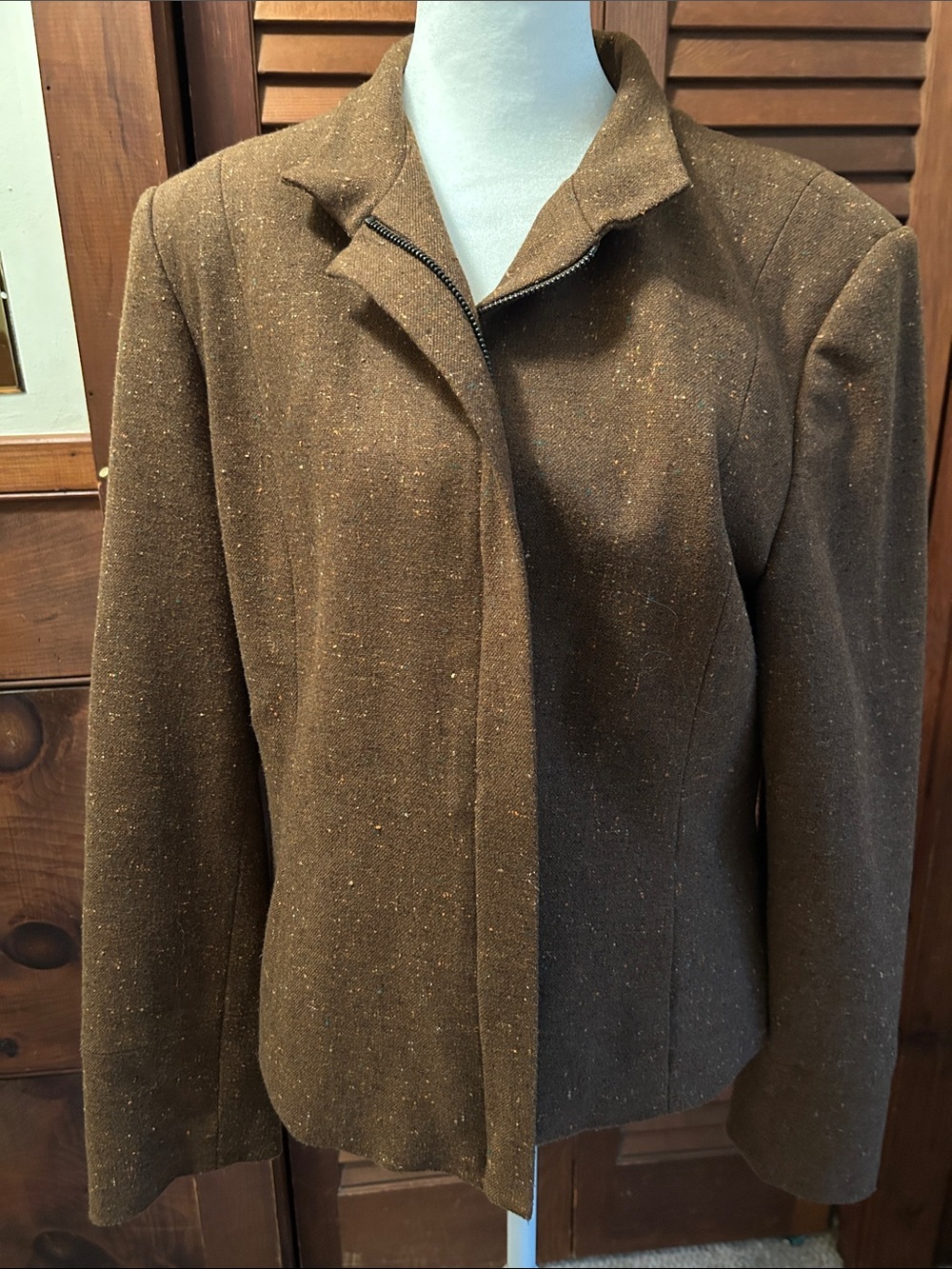 Women's Brown Tweed Zip-Front Blazer